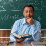 Professor sentado à mesa em sala de aula, segurando um livro aberto, diante de um quadro-negro com fórmulas de matemática